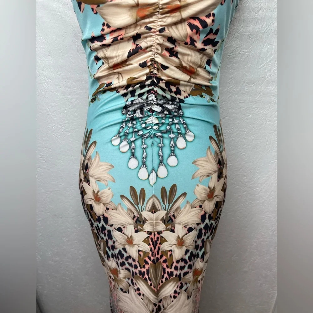 Venus Tropical Floral Leopard Print V-Neck Bodycon Halter Maxi Dress Sm Resort - Picture 6 of 13